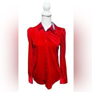 Modcloth Be Buzzworthy Velvet Pleated Top Button Down Cherry Red s
